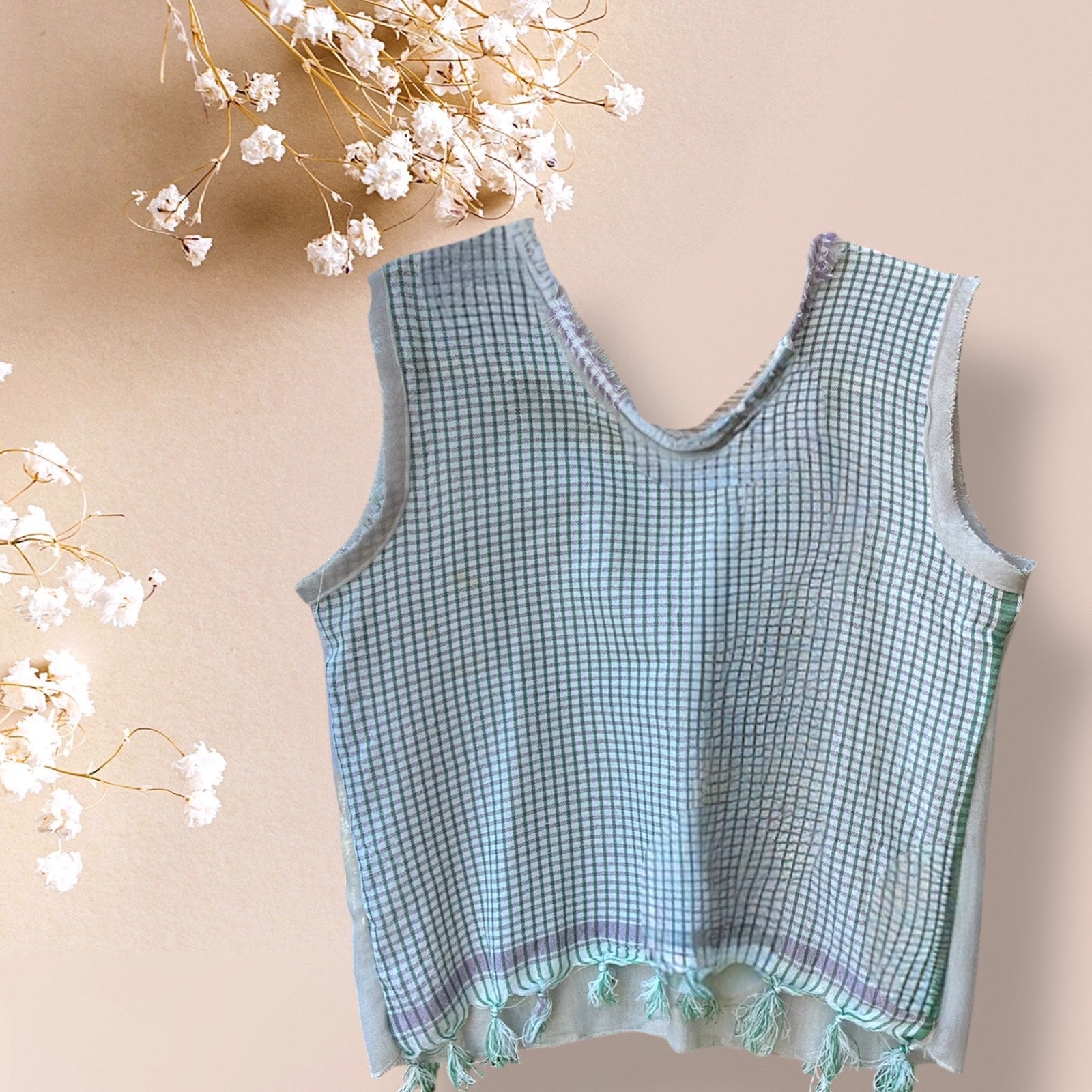 Mint Grid Fringe Top